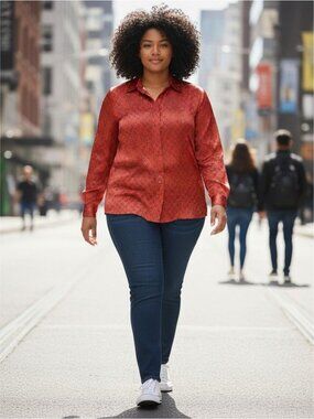 Alfred Dunner Red Button-Up Blouse Geometric Print 16 Long Sleeve Polyester